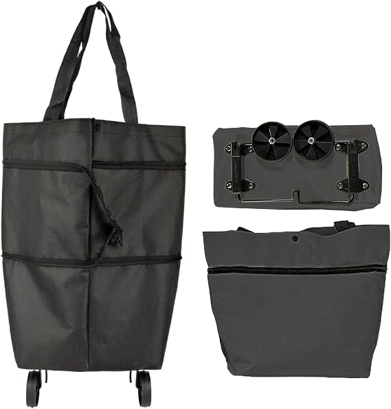 Collapsibles Trolley Bags, Reusable Shopping Bags, Foldable Trolley, Foldable Shopping Bag With Wheels, 2 In 1 Reusable Bag With Wheels, Large Capacity Grocer Bag For Travel And Home, Black