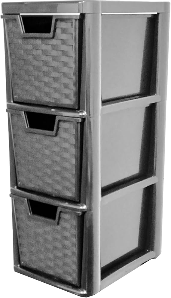 3 Drawer Small Storage Unit Tower Rattan Effect Black for Home, Office, Garage, and Study Room Bedroom Bathroom Kitchen | Compact & Convenient Organizer (H) 48cm (D)25cm (W)19cm