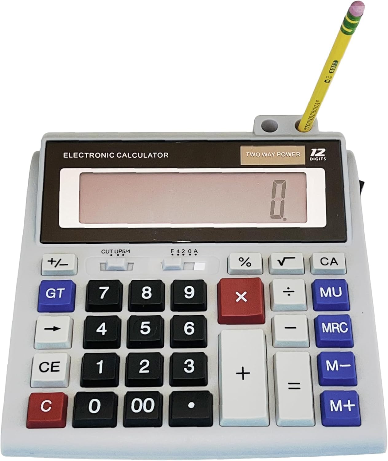 Lilys Home Large Desktop Calculator with Built-in Pen and Pencil Holder. 12-Digit Large Display, Dual Power Battery and Solar - Ideal for School and Office Use, Big Buttons, 5 Inch LCD Display