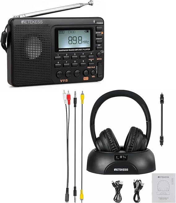 Retekess V115 小型短波ラジオ AM/FM/SWラジオ 日本語対応 & TA006 ヘッドホン オーバーイヤー テレビ用 2台以上同時接続可能