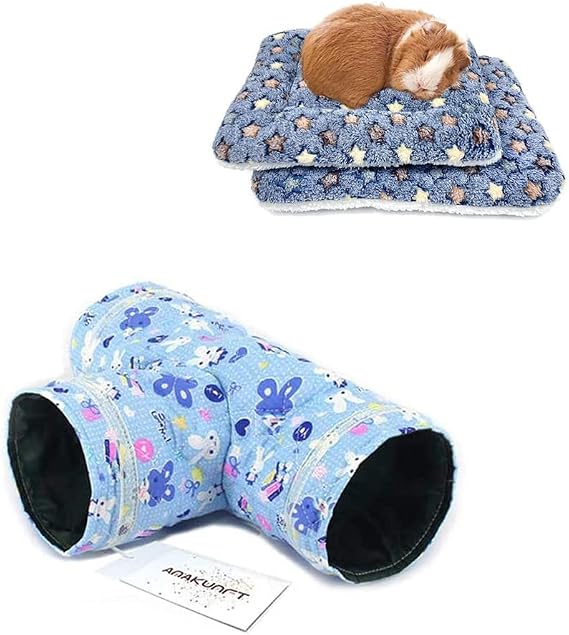 Amakunft Guinea Pig Tunnels and Tubes, Guinea Pig Hideaway Play Toy & 2 Packs of Square Plush Guinea Pig Bed Mat