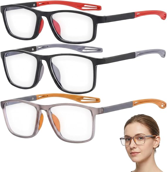 3 Pairs Visionsync Multifocal Glasses, Grey Orange and Black Grey Red Frame Set, Progressive Vision Sync Multifocal glasses with Varifocal Lenses, Ideal for Reading and Computer Work