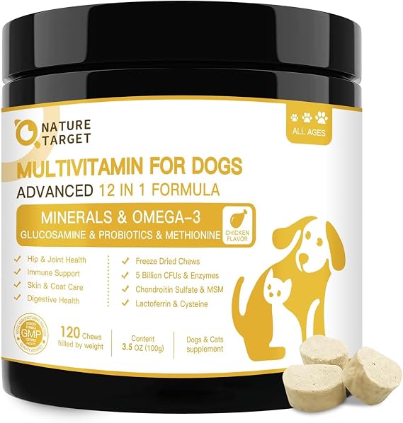 NATURE TARGET Dog Multivitamins for Overall Health with Minerals, Immune Support, Digestive Health, Joint, Hip, Skin & Coat Care with Probiotics, Glucosamine, Enzymes, 120 Freeze Dried Chews | 40+ Active Nutrients with Glucosamine, Omega-3, Probiotics & Digestive Enzymes for Joint, Skin, Immune & Gut Health