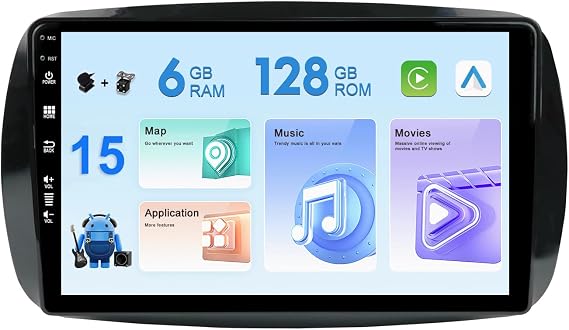 Android 15 Double Din Car Stereo For Mercedes Benz Smart 453 Fortwo Year 2014-2020 Free Mic Camera [6G+128G] Support Steering Wheel Control RDS 4G WiFi DAB Carplay BT5.0