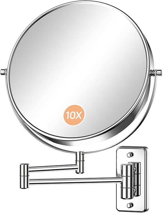 Gospire 9" Large Size Wall Mounted Makeup Mirror with 1X/10X Magnification, Double-Sided 360° Swivel, Chrome Polished Extendable Shaving Bathroom Wall Mirror for Men and Women