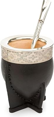The Argentino Imperial Premium Leather Wrapped Handmade Engraving With Alpaca Yerba Mate Gourd Mate cup with Bombilla de Alpaca Alpaca Yerba Mate straw yerba mate cups