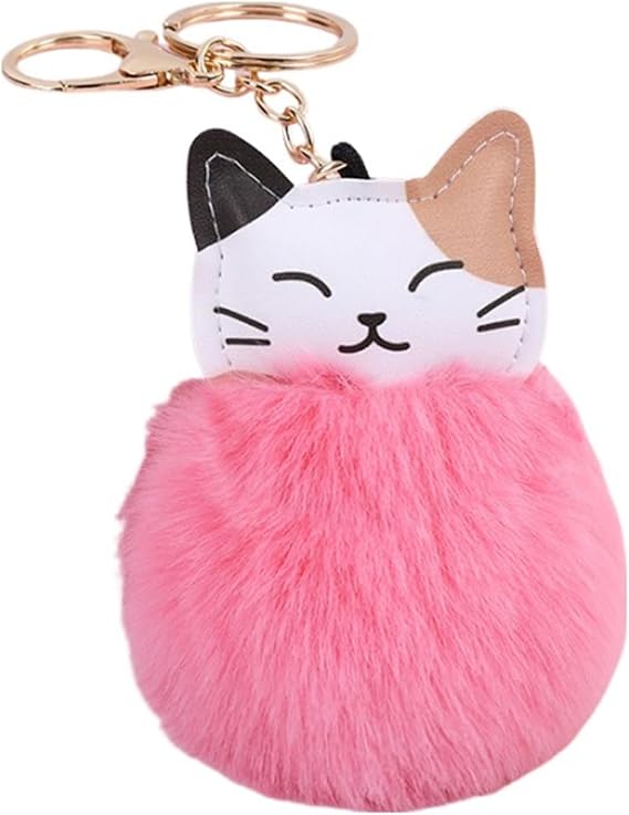 xuzhiyuan Fluffy Cartoon Cat Keyring Multicolor Cute Fluffy Ball Cat Keyring Faux Fur Ball Pom Pom Key Chain Bag Decoration