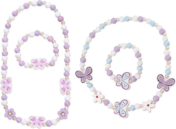 2 Pieces of Necklaces for Girls and 2 Pieces of Bracelets for Girls, Beaded Jewelry, Butterfly Element Jewelry, Cute Children's Jewelry