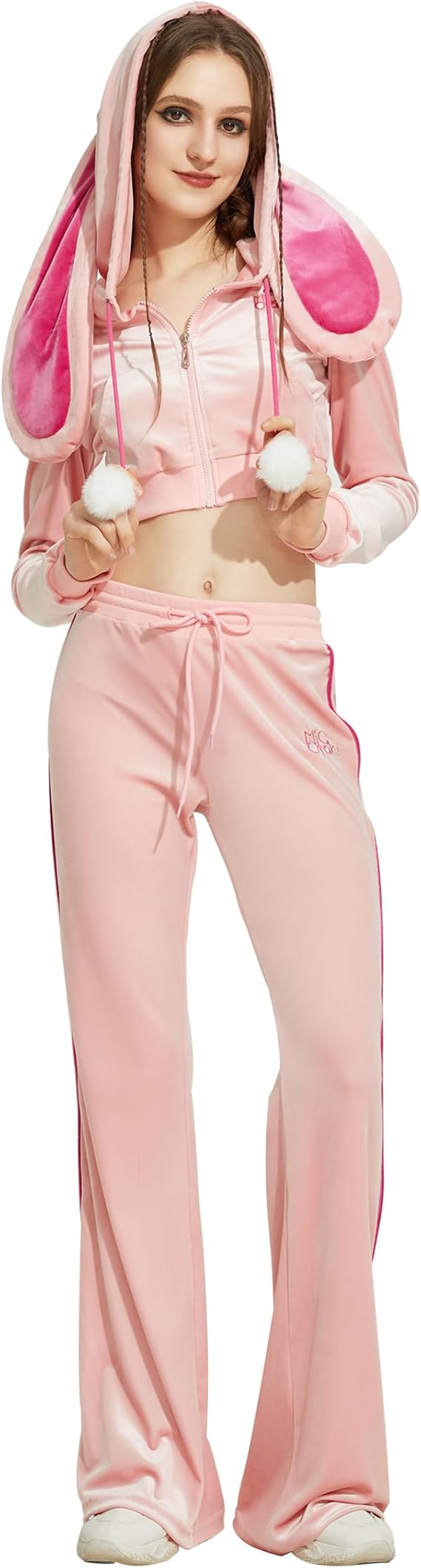 Micotaku Women's Cute Pink Bunny Hooded Tracksuit Set - Soft Fabric Sports Outfit with Pom-pom Accessories (Top + Pants)
