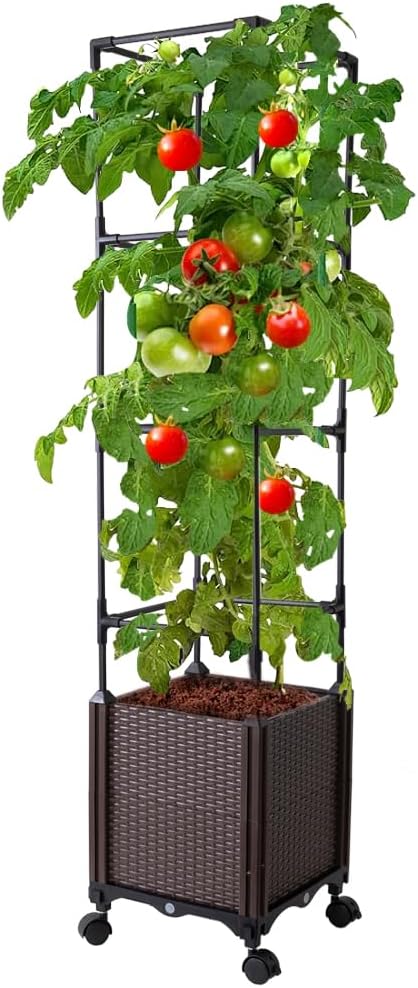Raised Garden Bed with Tomato Cage & Trellis, 56" Self-Watering Tomato Planter Box for Vegetables Flowers | Lockable Wheels, Vertical Gardening | Indoor Outdoor Patio Use, Easy Assembly