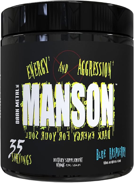 Dark Metal Inc. Manson High Stim Pre Workout Powder, Energy Focus Strength, Loaded with Beta Alanine L-Carnitine Caffeine Infinergy, 35 Srvgs, Blue Raspberry