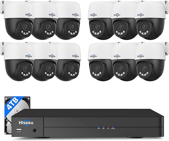 Hiseeu 12MP PoE NVR, 12 Pcs 5MP PoE PTZ Cameras | 350Pan 90 Tilt,Auto Human Tracking, Human Vehicle Detect, 2 Way Audio, 7/24 Record&Playback,4TB HDD