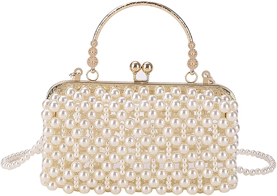SHESRA Luxury Pearl Bag Chain Bag Purse Evening Bags, Artificial Pearl Clutch Handmade Bags for Party Wedding Bridal Travel 19(White)