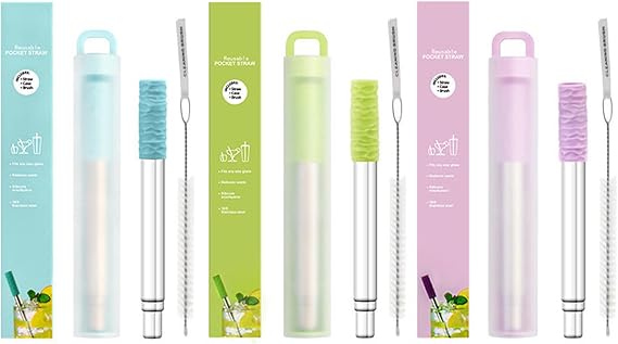 Reusable Stainless Steel Straws 3 Pack - 3 Colors - Lightweight & Length Adjustable - Eco-Friendly Drinking Straws for Travel, Home, Office