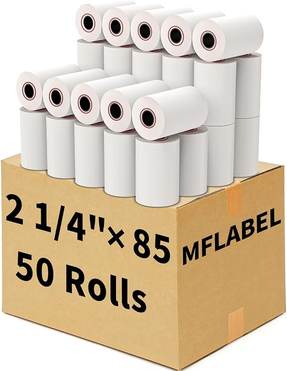 MFLABEL 50 Rolls Thermal Paper (2 1/4" x 85') - POS Receipt Rolls for Cash Register, Credit Card Terminal, Square Reader, Clover & More | High-Sensitivity 48g Thermal Paper, BPA-Free, Sharp Print