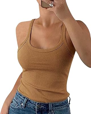Pepochic Womens Scoop Neck Ribbed Tank Tops Workout Sleeveless Summer Casual Fitted Cami Shirt