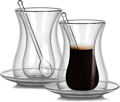 YY Premium Double Wall Turkish Coffee Glasses and Saucers with Mixing Spoons, Turkish Tea Cup Set of 2, 150ml, Perfect for Party, Gifts, Housewarming, Weddings, Aniversary