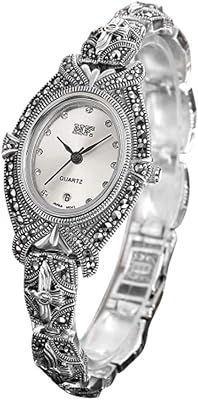 Women Pave Marcasite 925 Sterling Silver Wrist Watches Oval Style