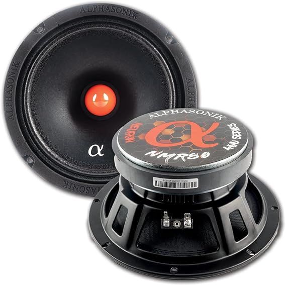 Alphasonik 1 Pair of NMR80 Neuron Series 8" 800 Watts Max 200 Watts RMS Mid-Range Car Audio Speaker 4-Ohm Cloth Surround, Non Pressed Paper Cone, Ferrite Magnet