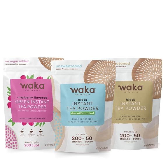 Waka Premium Instant Coffe & Tea Bundle & Save No Sugar Added & Unsweetened Concentrated Tea Powder (Decaf, Raspberry, Classic Black)