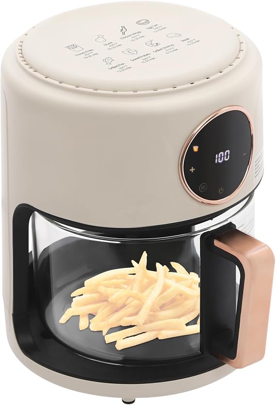 Mini Air Fryer, 3.8Qt Glass Air Fryer, 360 Viewable Touch Screen with Digital Display Adjustable Temperature Works Cookware French Fries Chicken Legs (White)