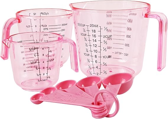 Pink Plastic Measuring cup Measuring spoon Set: 3 Stackable Liquid Measuring Cups 150/300/600ml and 5 Spoons 1.25-15ml, Used to Create Pink Kitchen Themes, Baking, Cooking