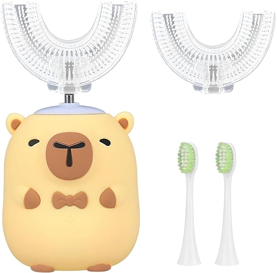 Kids Electric Toothbrush U Shaped, 360° Ultrasonic Toothbrush, Automatic Toothbrush with 4 Brushs Head & 3 Cleaning Modes, Ipx7 Waterproof, for Boys and Girls Age 2-14 (Capybara)