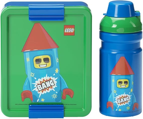 Room Copenhagen Lego Lunch Set - Firework Guy Design, Fun & Functional 390ml Bottle & Lunch Box for Kids & Adults, Dishwasher Safe, for Meals on The Go, Green & Blue