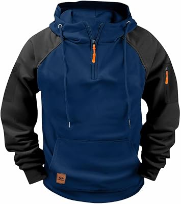 Sinzelimin Mens Hooded Sweatshirt Fashion Color Block Raglan Long Sleeves 14 Zip Tacticaled Hoodies Pullover Sweatshirts