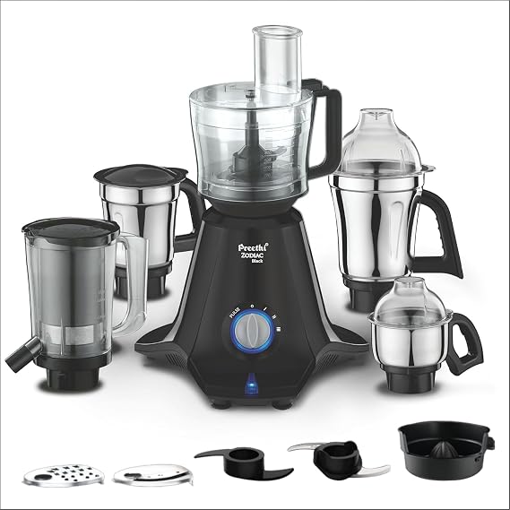 Preethi Zodiac Black MG-261 Mixer Grinder with Food Processor | *** Improved & upgraded version of MG-218*** | 750 Watt | 5 Jars (3 Stainless Steel Jars + 1 Juicer Jar + 1 Master Chef Plus FP Jar)