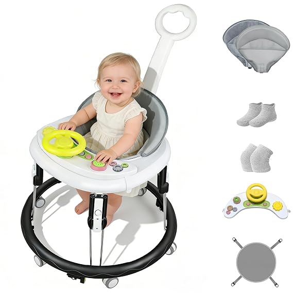 Foldable Baby Walker with Wheels 360, 5 in 1 Toddler Activity Walkers | Adjustable Height, Music Tray, Detachable Seat, Wide Sturdy Base, Knee Pads Socks Foot Pad, Portable, Boys Girls 8-18 Months