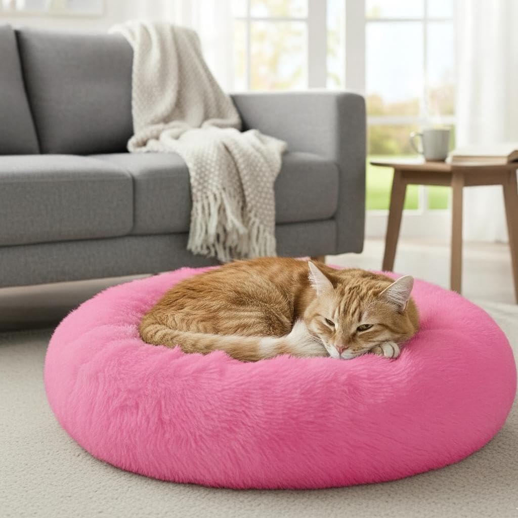 Pembe Yumuşak Peluş Kedi Köpek Yatağı, Yuvarlak Rahat Pet Yatak