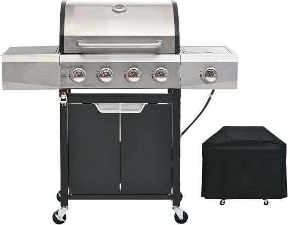 4-Burners Propane Gas Grill Outdoor with Side Burner & Thermometer, Stainless Steel Propane Grill with Cover for Outdoor BBQ, Patio Backyard Barbecue, 51000 BTU Output