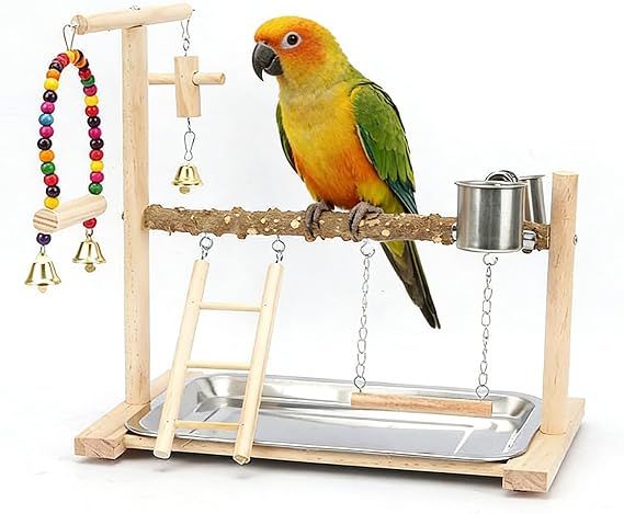 Parrot Perch, Parrot Bird Stand Perch Budgie Playground 14x13x9in Wooden Bird Playground With Stainless Steel Feeder Cup And Tray For Cockatiels Budgies Small To Medium Birds