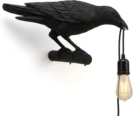 Black Bird Wall Lamps Resin Crow Resin Lamp with Bulb E27 Base Modern Raven Art Deco Bedside Decor 3 Pin Plug in Cord Wall Lamps for Bedroom, Office, College Dorm [Energy Class A]
