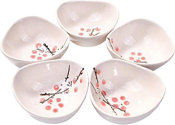 Ceramic Sauce Dish Set of 5, 3.66'' Triangular Plum Pattern Small Bowls