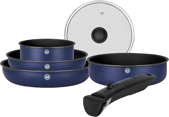 Sitram 716978 Cookware Set Recycled Aluminium Blue 6 Pieces: 1 Removable Handle, 1 Saucepan Diameter 18 cm, 2 Frying Pans Diameter 22.26 cm, 1 Saute Pan Diameter 24 cm, 1 Lid Suitable for All Heat