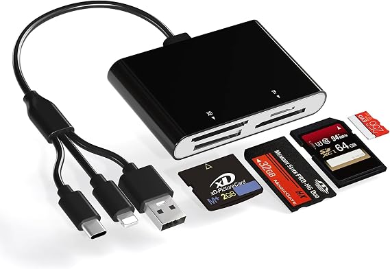 Memory Stick Pro Duo Card Reader, 4 in 1 SD/TF/MS/XD Card Reader with L-ightning+USB A+USB C, Multi Card Reader Support OTG, Fast Data Transfer, Memory Stick Reader for i-Phone/Android/PC