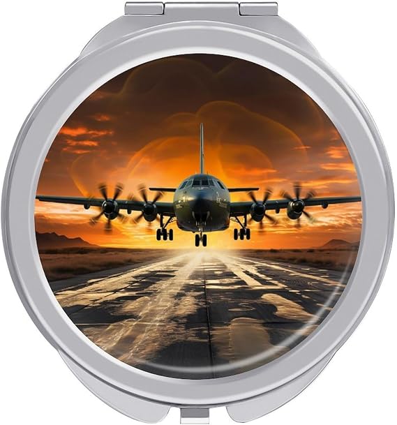 Military Plane Landing On Airforce Runways Against Beautiful Dusky Makeup Mirror, Portable Pocket Mirror with Magnification 1x/2x, Compact Mini Vanity Mirrors for Home, On-The-Go