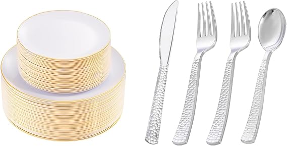 KIRE 100PCS Gold Plastic Plates 400PCS Silver Plastic Silverware