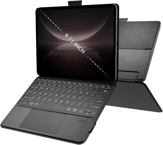 Universal Keyboard Case for 9-11 Inch Tablets, Dual Bluetooth Detachable Keyboard for Android Tablets/iPads/Galaxy Tabs, Magnetic Backlit Keyboard with Washable Adhesive Mount&Any-Angle Stand&Trackpad