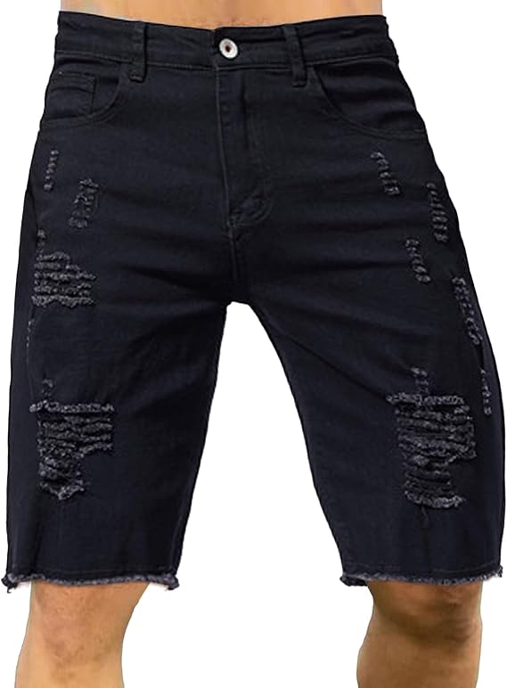 JEsilunmaMY Men's Raw Hem Ripped Denim Shorts Mid Rise Washed Distressed Jean Shorts Slim Fit Knee Length Denim Short Pants
