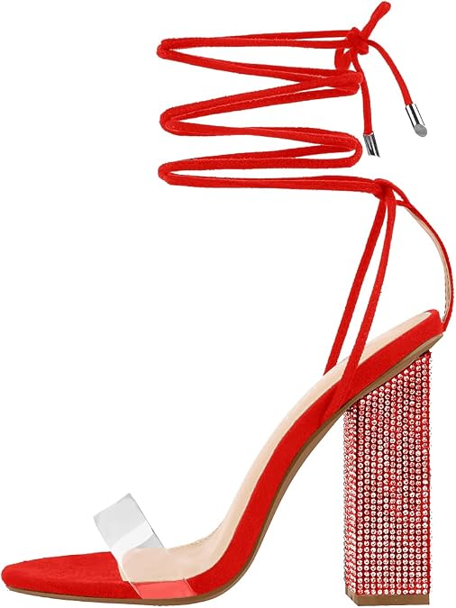 MissHeel Rhinestone Chunky Heel Sandals Lace Up