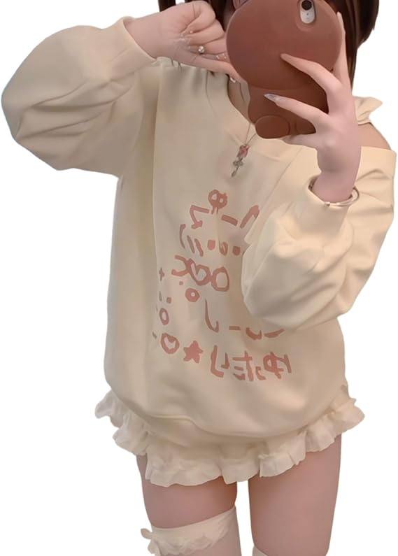 Off The Shoulder Tops Teens Cute Sweatshirts Early Fall Fashion Cutecore Printed Graphic Hoodies Kawaii Clothes
