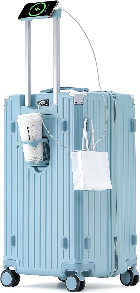 FREEFLY Medium Suitcase Cabin Suitcase Hard Shell Suitcases Carry on Luggage Medium Suitcase 4 Double Wheels Lightweight Cabin Size Suitcase with Folding Cup Holder USB Charging Port,Blue,20in