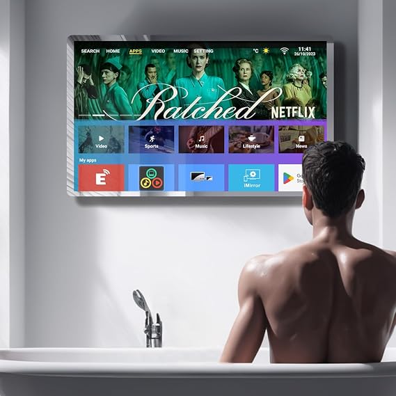32inch High-end Smart Bathroom Mirror TV - 4K Ultra HD, IP66 Waterproof, Android TV, Voice Remote Control, Built-in DVB-T/T2/C/S/S2 Tuner, HDMI (ARC), SPDIF, Upgrade Your Bathroom (Black)