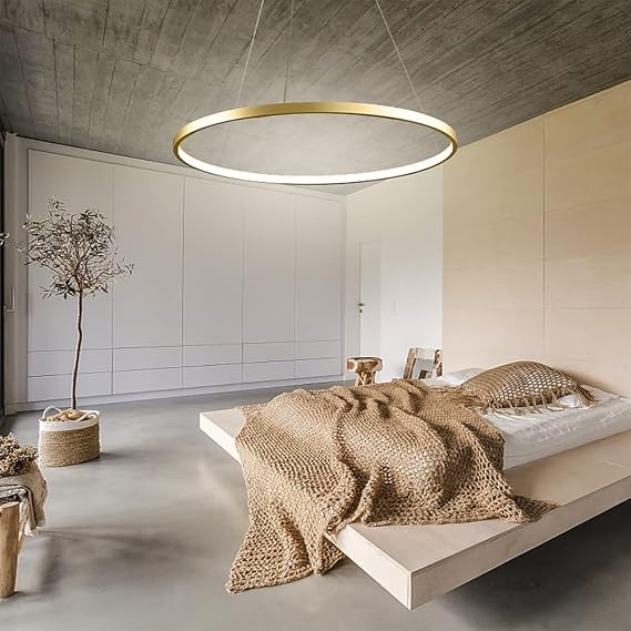 LightInTheBox Modern LED Chandelier 23.6" Gold Ring Pendant Light Fixture Dimmable with Remote Control Minimalist Circular Dining Hanging Light Fixture for Living Room Dinning Room Bedroom