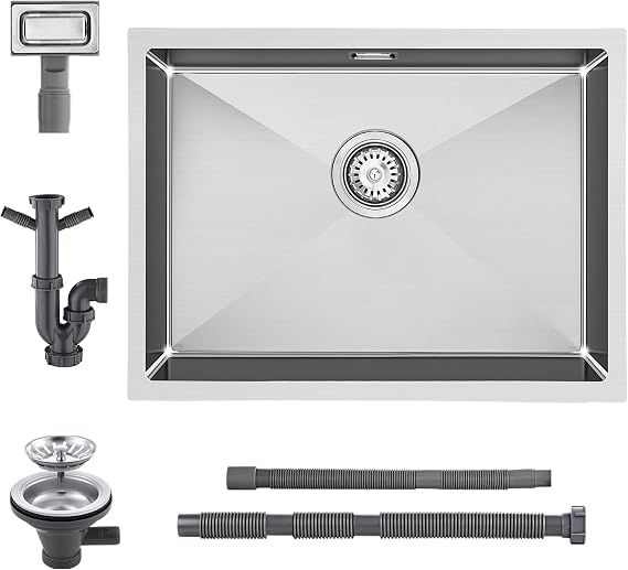 304 Stainless Steel Kitchen Sink 60x45cm, 1 Bowl Rectangular Large Kitchen Sink from 70 Cabinet, Brushed Finished, Undermount & flushmount & Topmount