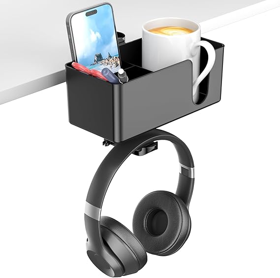 KDD 4-in-1 Desk Cup Holder with Headphone Hanger - Rotating Headphone Hanger and Detachable Desk Storage for Cup, Phone and Pen (Black)