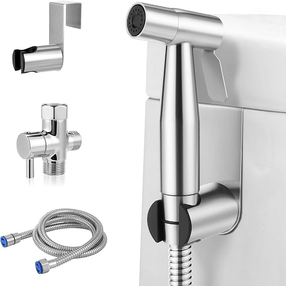 Handheld Bidet Sprayer for Toilet Stainless Steel Adjustable Pressure Bidet Sprayer Kit with Brass T-Valve Multipurpose Toilet Bidet Sprayer for Feminine Hygiene, Baby Cloth Diaper & Pet Wash